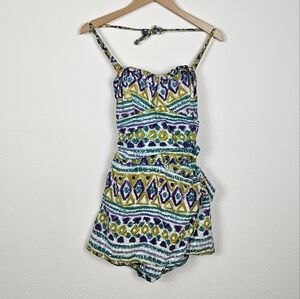 Vintage Jantzen Dress / Playsuit Green & Purple Pattern Haltertop Size 0